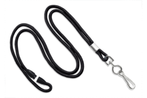 Black round lanyard with break away and metal swivel hook.