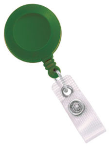 Green badge reel with reinforced vinyl strap