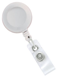 White badge reel with reinforced vinyl strap