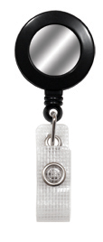 Badge reel with sticker and reinforced strap clip