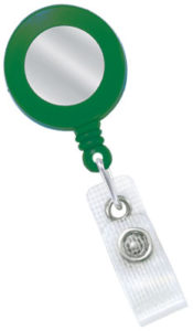 Green badge reel with sticker