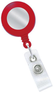 Red badge reel with sticker