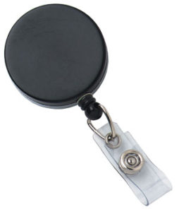 Heavy duty badge reel with clear vinyl strap and nylon cord.